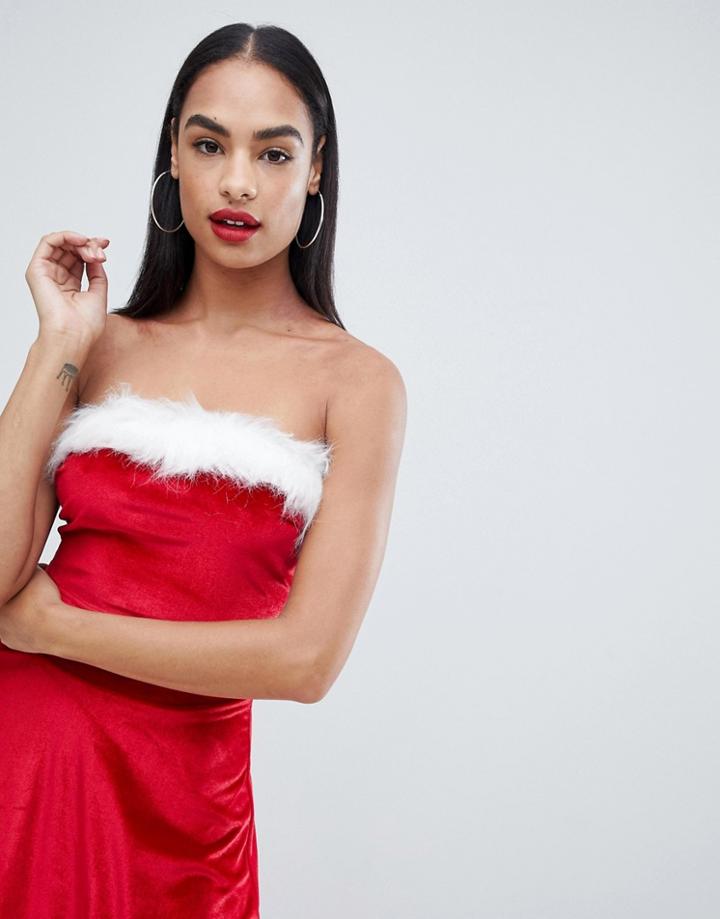Club L Bandeau Velvet Top With Faux Fur Applique-red