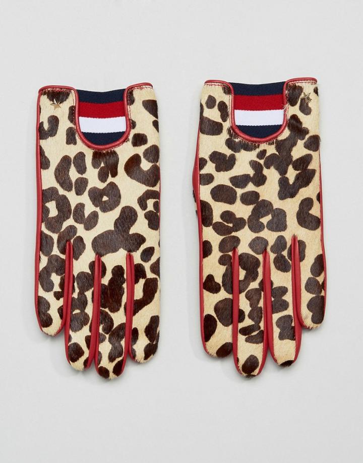Tommy Hilfiger Leather Leopard Print Gloves - Multi