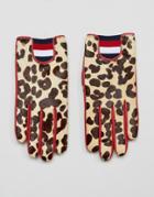 Tommy Hilfiger Leather Leopard Print Gloves - Multi