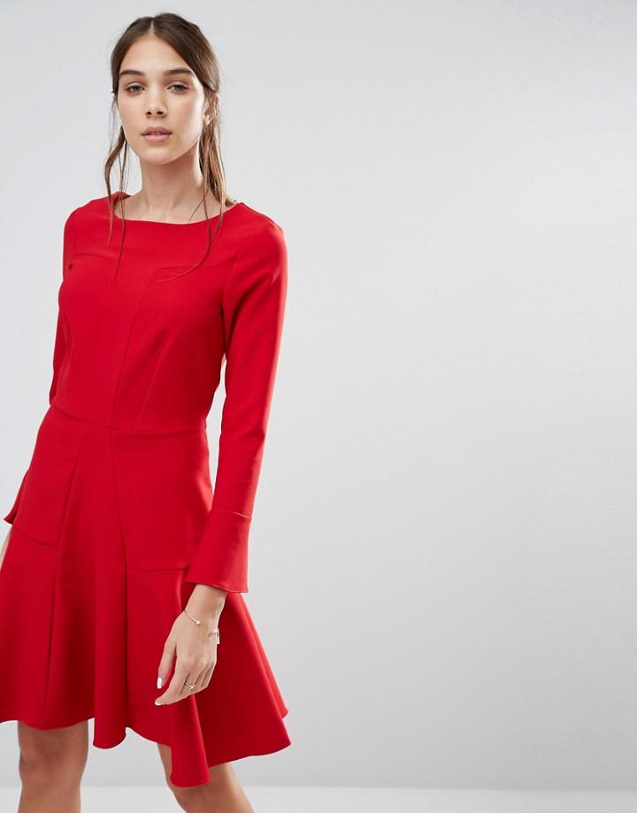 Closet Long Sleeve Detail Trumpet Cuff Skater Dress - Red