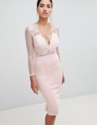 Ax Paris Long Sleeved Waisted Midi Bodycon Dress - Pink