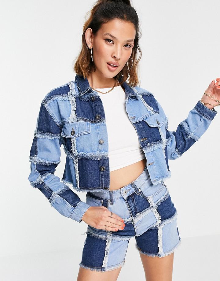 The Ragged Priest Cropped Denim Jacket In Patchwork Denim Set-blues