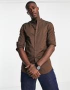 Asos Design Skinny Shirt With Grandad Collar In Brown