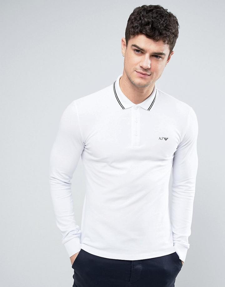 Armani Jeans Long Sleeve Pique Polo Slim Fit Tipped In White - White