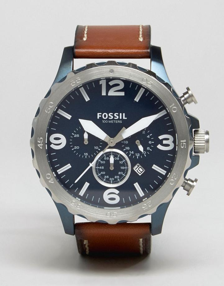 Fossil Jr1504 Nate Chronograph Leather Watch In Tan - Tan