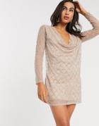 Asos Design Cowl Front Pearl Embellished Mini Dress In Blush-pink