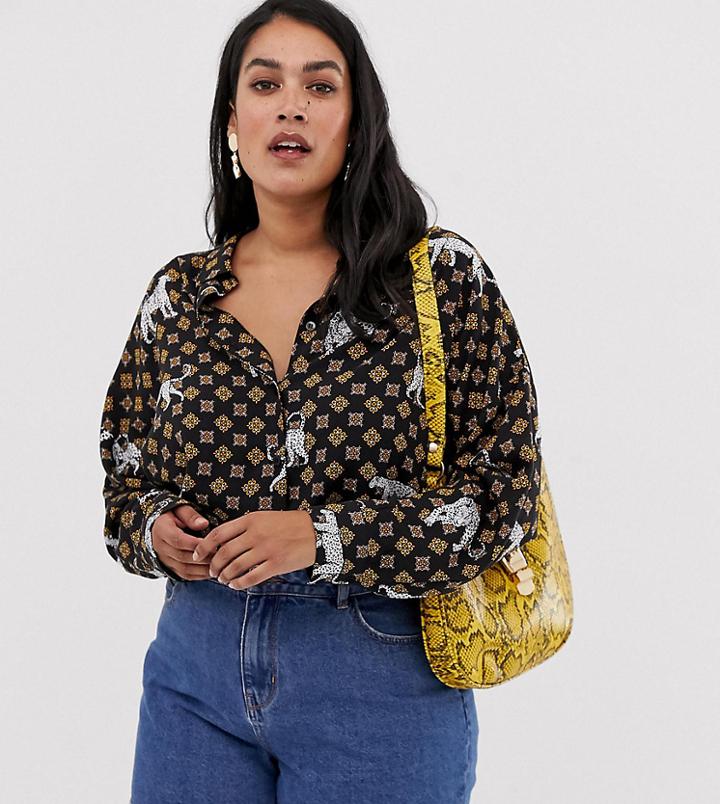Asos Design Curve Long Sleeve Cropped Shirt In Tile Animal Print - Multi