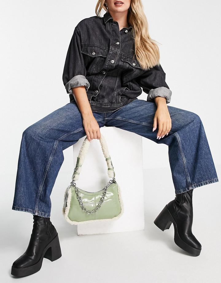 Topshop Vinyl Shoulder Bag With Sherpa Trim In Sage-brown