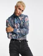 Asos Design Sheer Floral Shirt With Pussybow In Blue-blues
