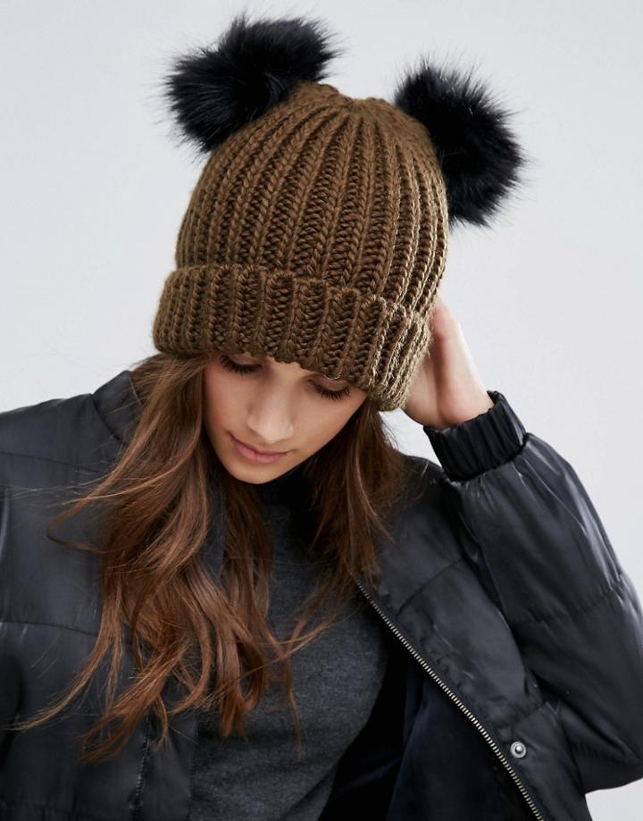 New Look Double Faux Fur Beanie Hat - Green