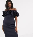 True Violet Maternity Bardot Midi Dress With Double Frill In Navy