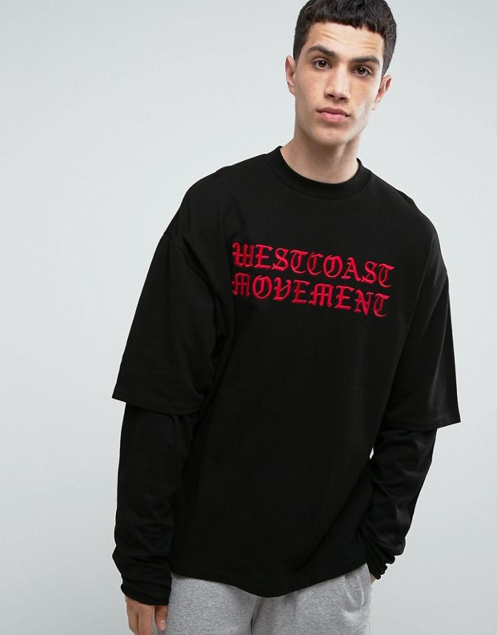 Asos Oversized Longline Sweatshirt With Extra Long Sleeves & Print - Black