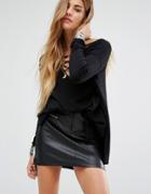 Honey Punch Oversized Sweater With Front Lace Up - Black
