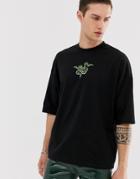 Asos Design Oversized T-shirt With Neon Snake Embroidery - Black