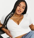 Asos Design Curve Short Sleeve Wrap Front Crop Top In Cream-white