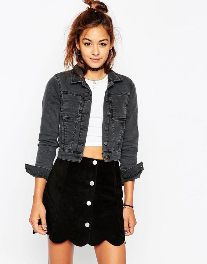 Asos Stretch Denim Shrunken Jacket In Washed Black - Black