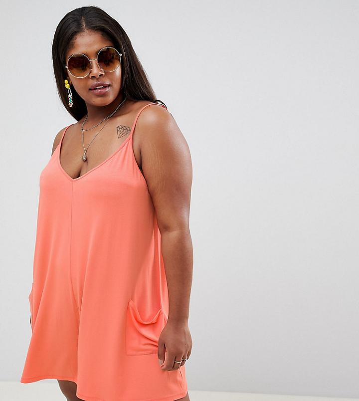 Asos Design Curve Jersey Minimal Romper With Pockets - Orange