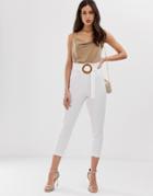 Asos Design Paperbag Waist Pants With Rattan Belt - White