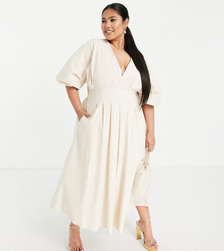 Asos Edition Curve Pleat Waist Midi Dress With Blouson Sleeve In Cream-white