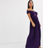 Asos Design Petite Lace And Pleat Bardot Maxi Dress-purple