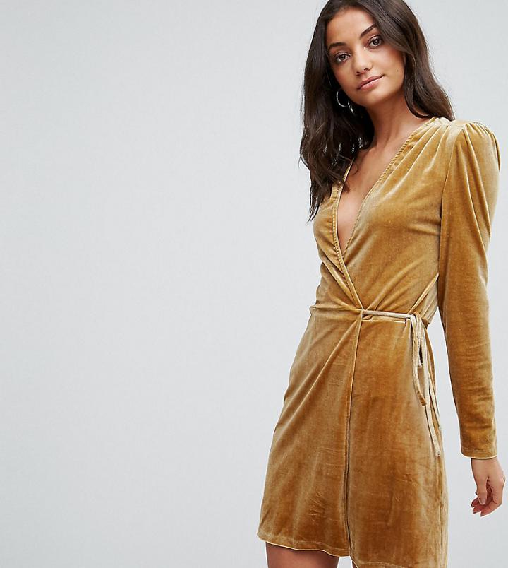 Fashion Union Tall Wrap Dress In Golden Velvet - Gold