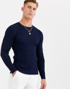 Asos Design Muscle Fit Ribbed Sweater In Navy