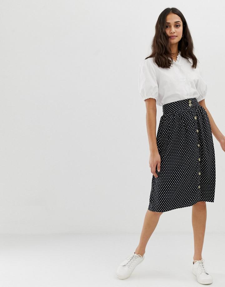 Influence Button Front Midi Skirt In Polka Dot Print-black