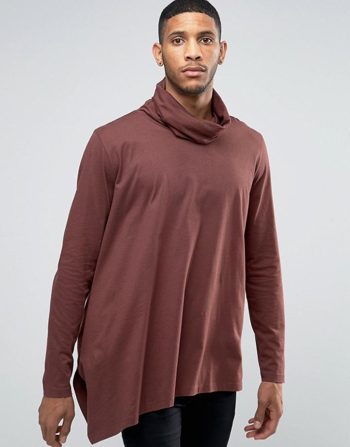 Asos Longline Long Sleeve T-shirt With Funnel Neck And Asymmetric Hem - Brown