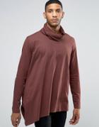 Asos Longline Long Sleeve T-shirt With Funnel Neck And Asymmetric Hem - Brown