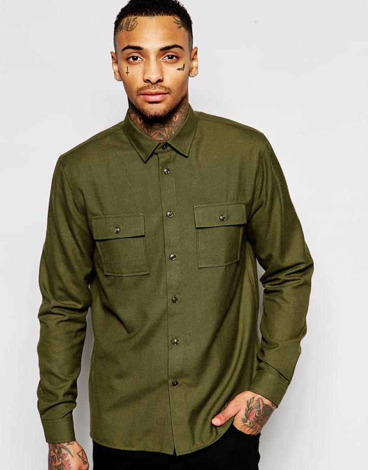 Asos Khaki Military Shirt With Double Pockets And Long Sleeves - Khaki