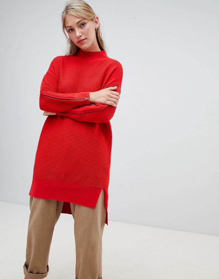 French Connection Ottoman High Neck Longline Sweater With Zip Detail-red