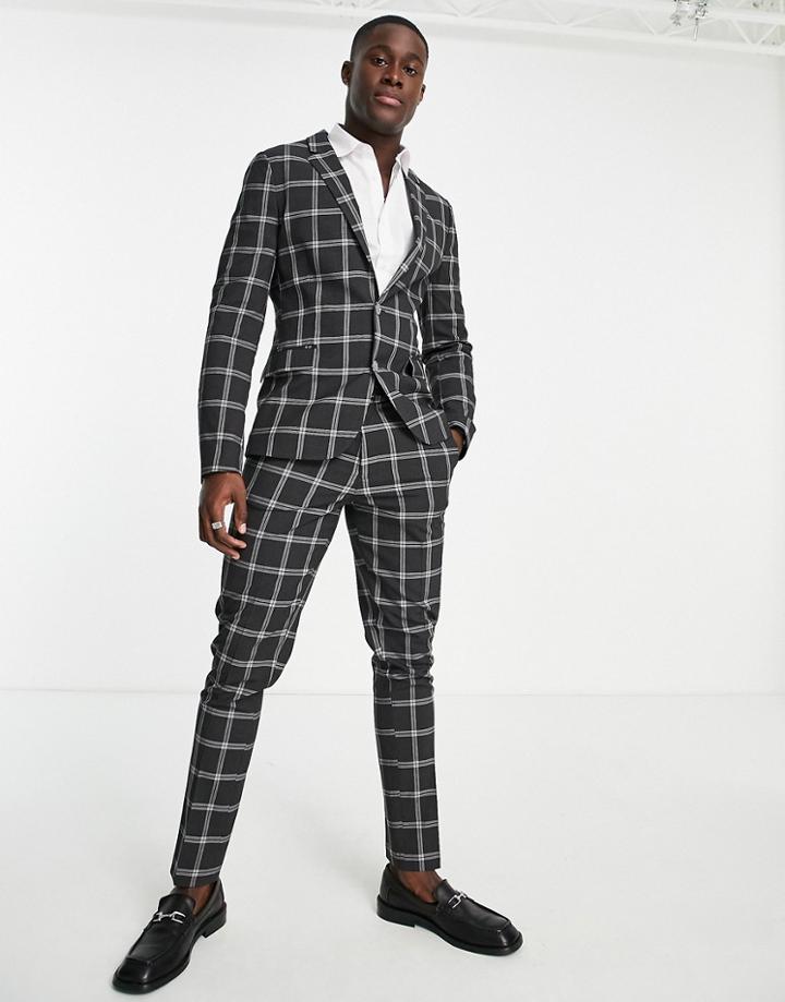 Asos Design Skinny Suit Pants With Prince Of Wales Check Charcoal-grey