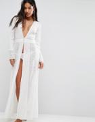 Asos Beach Premium Embroidered Maxi Cover Up With Long Sleeves - White