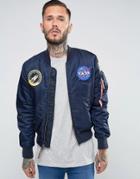 Alpha Industries Ma-1 Bomber Jacket With Nasa Patches In Navy Slim Fit - Navy