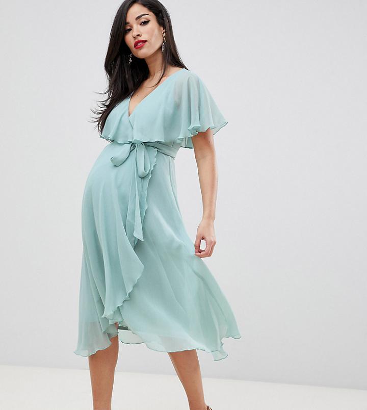 Asos Design Maternity Midi Dress With Cape Back And Dip Hem-green