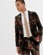 Devils Advocate Slim Fit Floral Velvet Suit Jacket - Brown