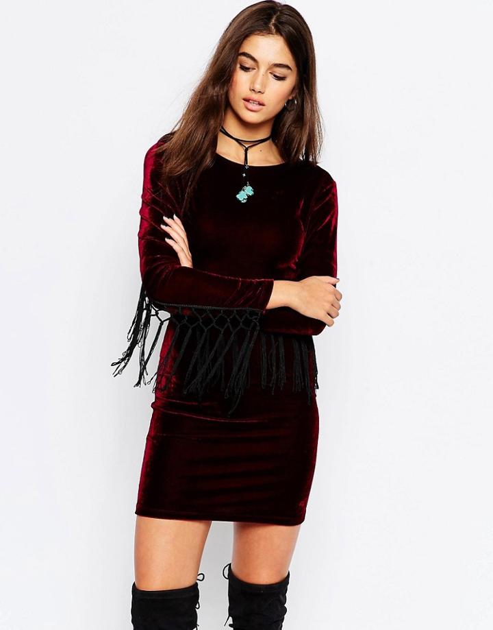 Motel Wilona Velvet Underground Dress With Fringed Sleeves - Maroon