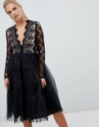 Rare London Long Sleeve Lace Tutu Dress-black