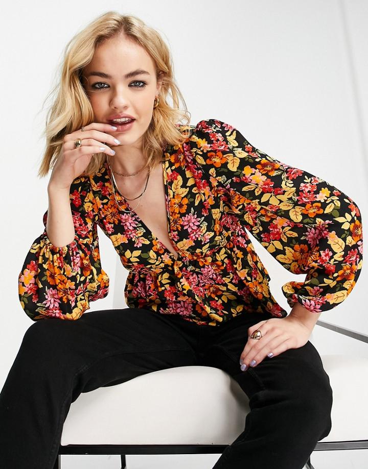 Asos Design V Neck Volume Sleeve Top With Peplum Hem In Black Floral Print-multi