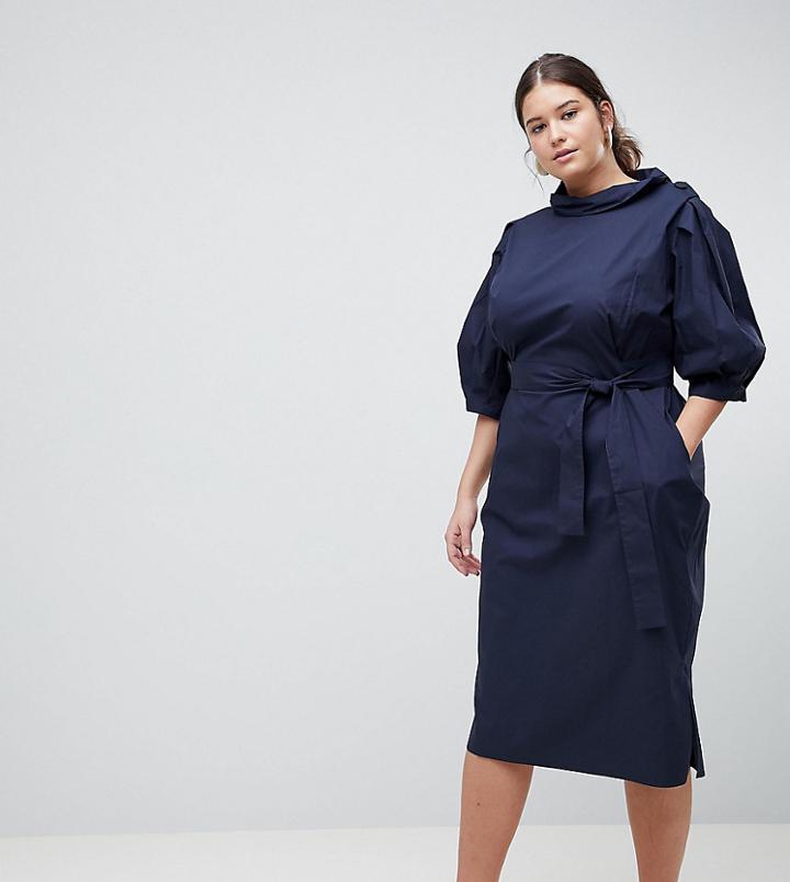 Asos White Curve Tie Waist Midi Dress - Navy