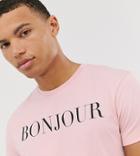 Asos Design Tall T-shirt With Bonjour Print And Roll Sleeve-pink