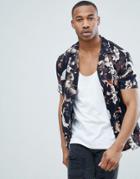 Asos Design Regular Fit Bird And Floral Print Shirt With Revere Collar - Black