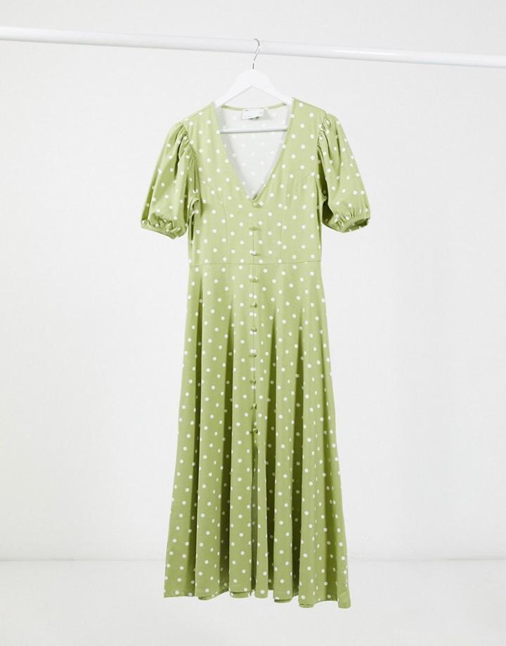 Asos Design Midi Dress With Button Through Detail In Sage Green And White Spot