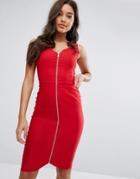 Vesper Zip Through Pencil Dress With Buckle Straps - Red