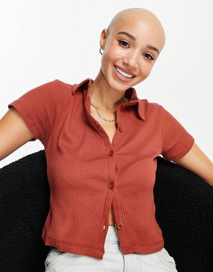 Miss Selfridge Rust Short Sleeve Button Up Jersey Shirt-multi