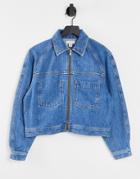 Topshop Lined Boxy Cropped Denim Jacket In Mid Blue-blues