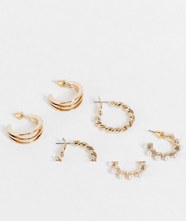 Topshop Mixed Twist And Ridged 3 X Multipack Earrings In Gold