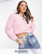Reclaimed Vintage Inspired Fluffy Cardigan With Lettuce Hem In Pink - Part Of A Set