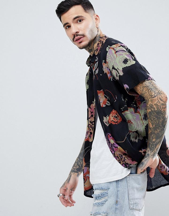 Rollas Bon Floral Printed Shirt - Black