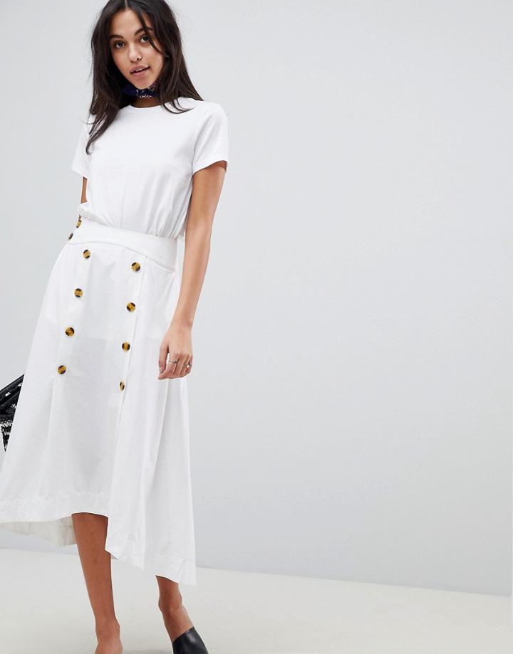 Asos Design Double Breasted Full Cotton Midi Skirt - White